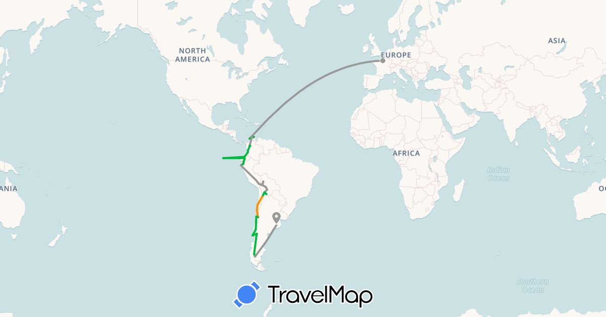 TravelMap itinerary: driving, bus, plane, hitchhiking, motorbike in Argentina, Bolivia, Chile, Colombia, Ecuador, France, Peru (Europe, South America)